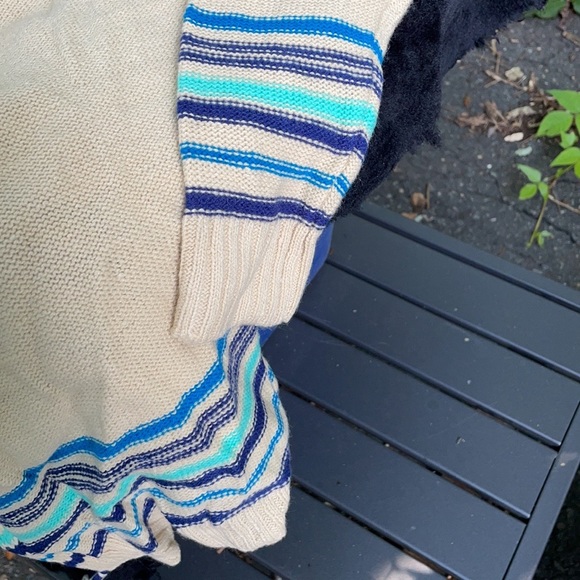 Red Camel Tan Open Front Sweater Cascading Waterfall Blue Stripes Fringes Aztec - Picture 4 of 16